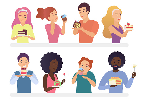 Happy people eating pie and cakes set. Sweet-tooth man and woman cartoon vector illustration