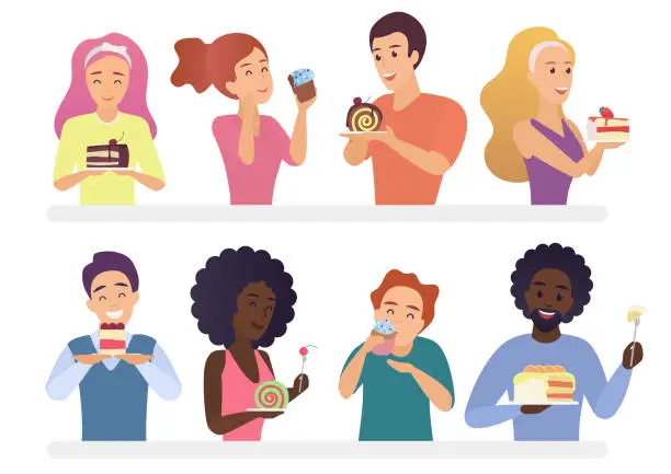 Vector illustration of Happy people eating pie and cakes set. Sweet-tooth man and woman cartoon vector illustration.