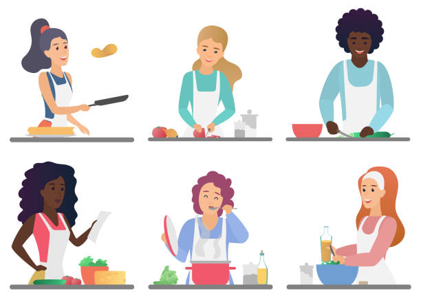 ilustraciones, imágenes clip art, dibujos animados e iconos de stock de dibujos animados felices gente linda cocina conjunto aislado ilustración vectorial. - salad course