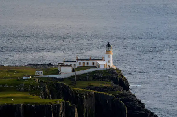 Beautiful sea cliffs and views of Neist Point Lighthouse in Scotland.