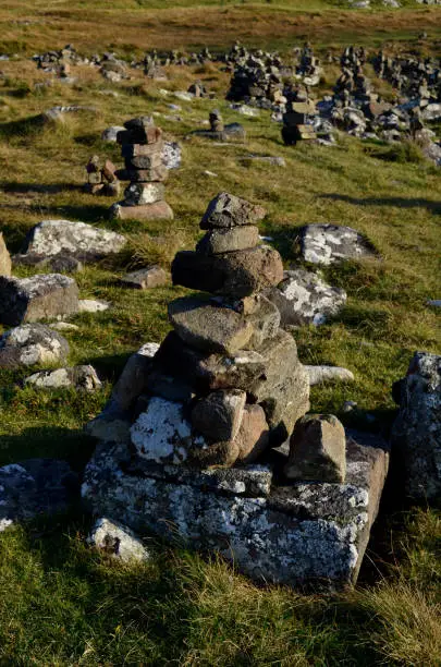 Stack of balanced rocks at Neist Point in Scotland.