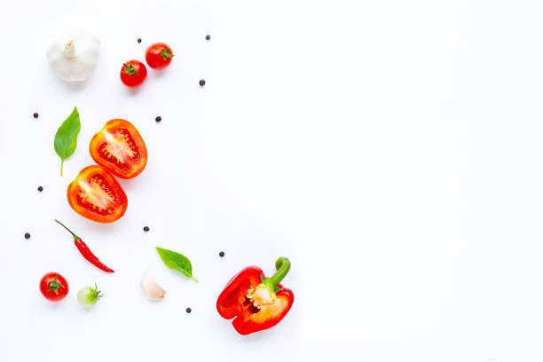istock Various fresh vegetables and herbs on white. Healthy eating concept 1137045006