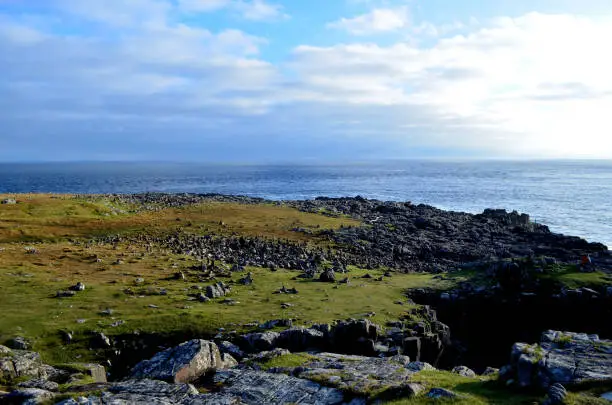 Black rocks on the coast of Neist Point in Scotland.