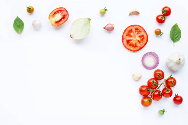 istock Various fresh vegetables and herbs on white. Healthy eating concept 1137045078