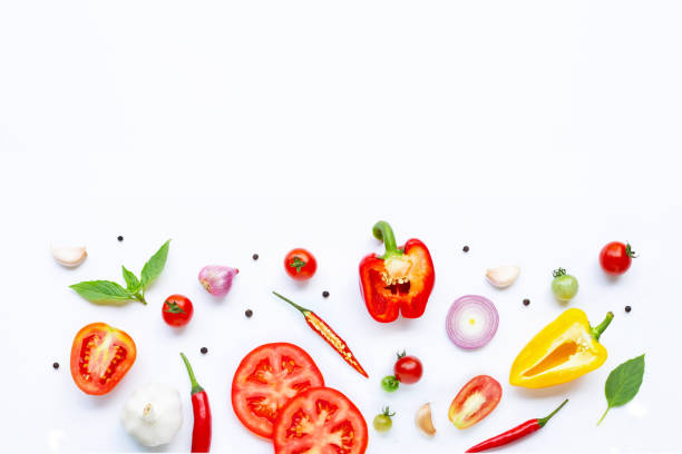 istock Various fresh vegetables and herbs on white. Healthy eating concept 1137045147