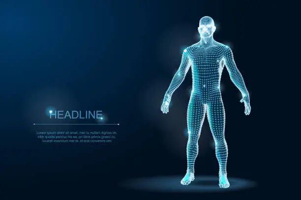 Vector illustration of Wireframe 3D Man Body Geometry with dots and stars on dark background. Vector Illustration