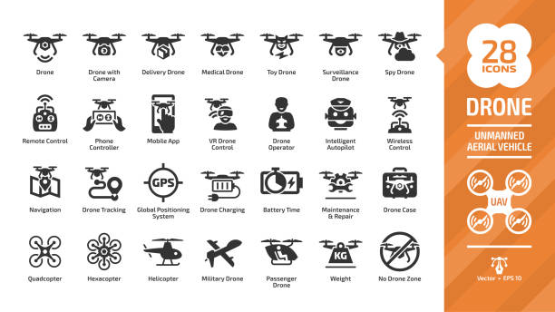 ilustraciones, imágenes clip art, dibujos animados e iconos de stock de drone no tripulado icono de glifo de vehículo aéreo conjunto con la tecnología digital uav, cámara del cielo, militares y los aviones robots de entrega, helicóptero, símbolos de silueta de control remoto. - air vehicle audio