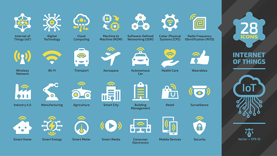 Internet of things glyph icon set on a blue background with wireless network cloud computing digital IoT, smart car, home and city, wearable, agriculture, manufacturing, industry and sdn future sign.