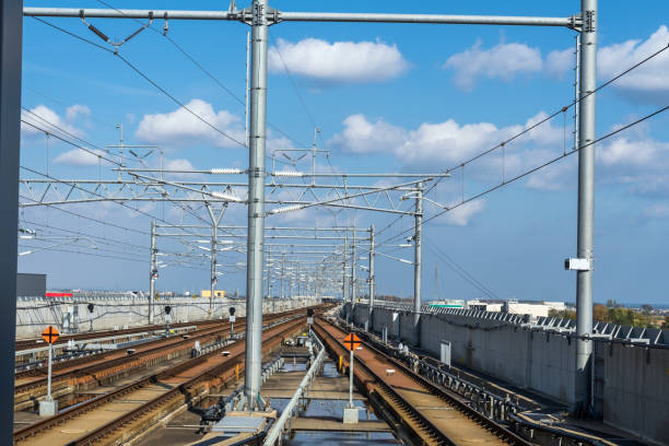 istock Railroad tracks or subway inn blue sky day, transportation concept 1137047658