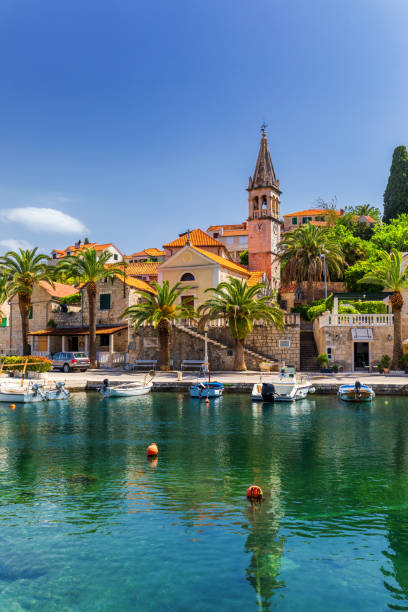 Church building and palm tree against sunny blue sky in Splitska village on Brac island, Croatia. Church building and palm tree against sunny blue sky in Splitska village on Brac island, Croatia. old catholic church on island brac croatia stock pictures, royalty-free photos & images