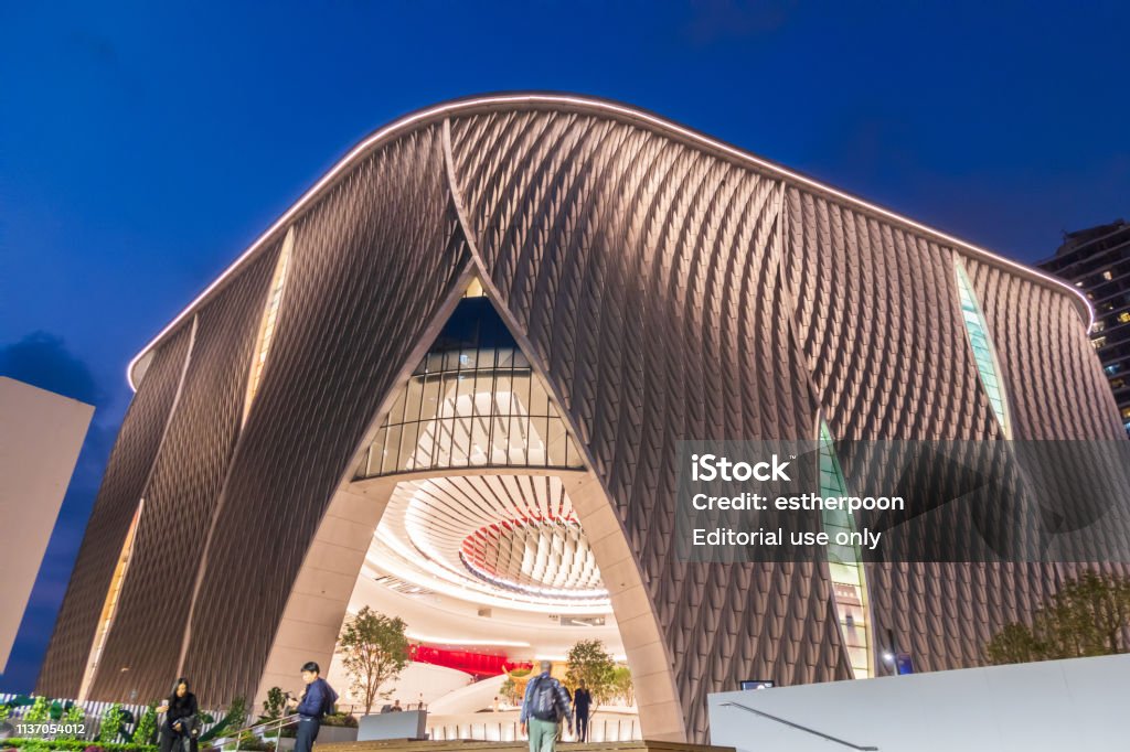 Xiqu Centre, Hong Kong Xiqu Centre, Hong Kong - March 20, 2019 : Xiqu Centre is directly accessible from the Hong Kong West Kowloon Station. Dedicated to promoting the rich heritage of Xiqu in Hong Kong. Xiqu Center is Hong Kong's famous Chinese traditional opera. Architecture Stock Photo