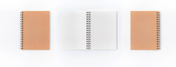 quaderno a spirale marrone isolato su background.top vista - spiral notebook personal organizer writing paper foto e immagini stock