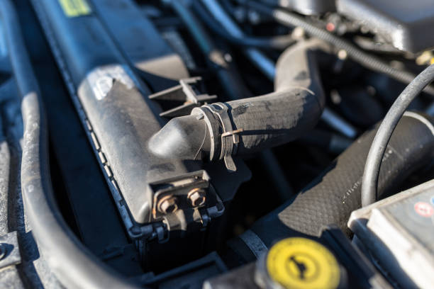 Hose connecting the car radiator with the engine, In the background the engine compartment.