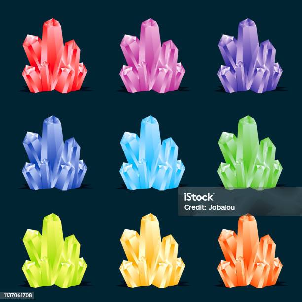 Collection Multi Coloured Magic Fantasy Stone Crystals Stock Illustration - Download Image Now