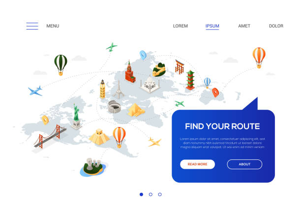 Find your route - colorful isometric web banner Find your route - colorful isometric web banner with copy space for text. Website header with world famous landmarks, Statue of Liberty, Torii, pyramids, Eiffel tower, Colosseum, Brooklyn bridge, moai easter island map stock illustrations