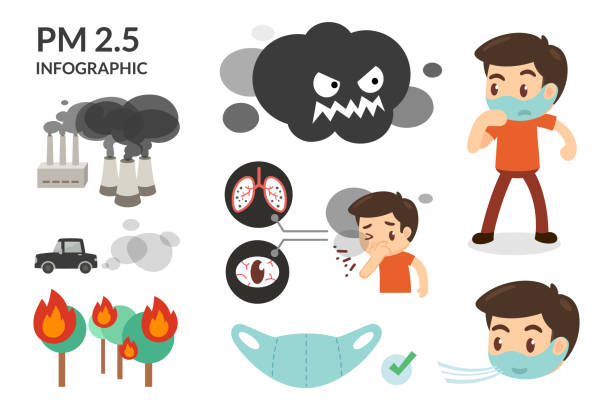 infografika o zagrożeniu pyłem pm 2.5 z ludzką maską przeciwpyłową z kurzem i dymem. - wildfire smoke stock illustrations