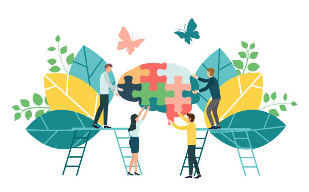 Teamwork group of people assembling a brain jigsaw puzzle. Concept for cognitive rehabilitation in Alzheimer disease and dementia patient. Concept for cognitive rehabilitation in Alzheimer disease and dementia patient. mental health stock illustrations
