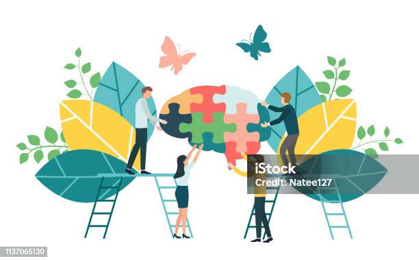 Teamwork Group Of People Assembling A Brain Jigsaw Puzzle Concept For Cognitive Rehabilitation In Alzheimer Disease And Dementia Patient Stock Illustration - Download Image Now