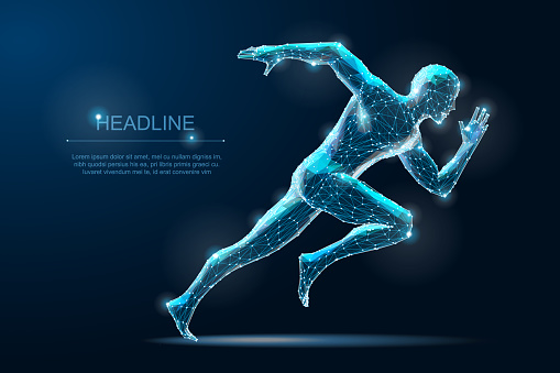Geometric running man. Polygonal Wireframe 3D model blueprind with Dots. Vector Illustration