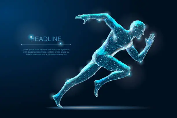 Vector illustration of Geometric running man plygonal 3d Wireframe. Speed sport