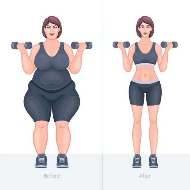 Vector illustration of Fat and slim girl before and after losing weight