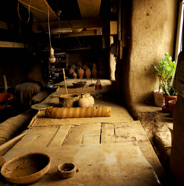 istock Pottery shop wooden working table 1137069745
