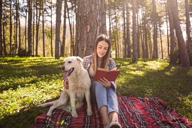 istock Young woman with golden retriever in park reading book 1137071075