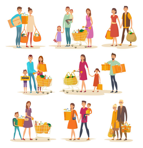 ilustrações de stock, clip art, desenhos animados e ícones de set of isolated people family at supermarket - boutique shopping retail mother