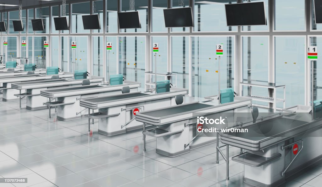 Empty hall of a supermarket with cash registers. Empty hall of a supermarket with cash registers. 3d illustration Supermarket Stock Photo