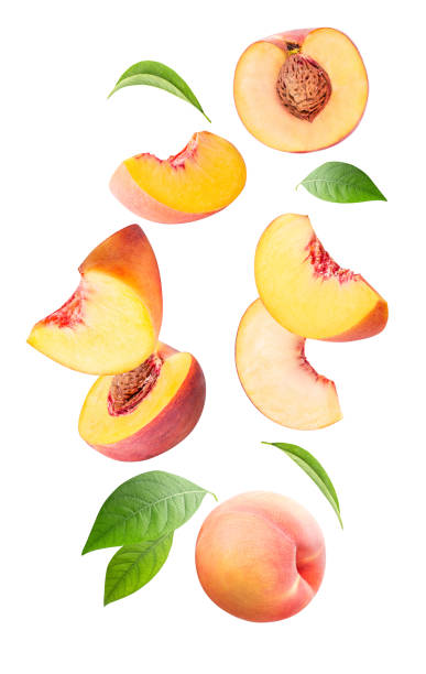 Falling peach isolated on white background Falling fresh peach isolated on white background peach photos stock pictures, royalty-free photos & images