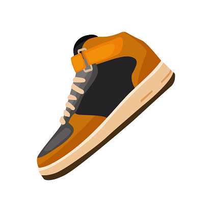 Black and orange gym shoe. High-Top sneaker for stroll. Can be used for topics like shopping, activity,  accessory