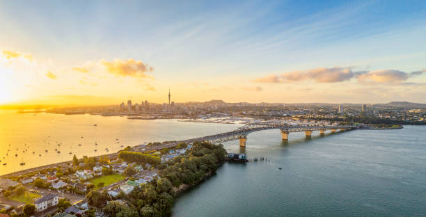 Auckland panorama at sunrise A panoramic image from above of Auckland, with the Sky Tower and CBD visible across Waitemata Harbor and the Auckland Harbour Bridge. harbor photos stock pictures, royalty-free photos & images
