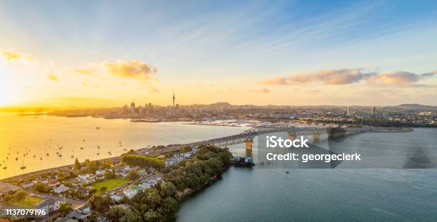 Auckland Panorama At Sunrise Stock Photo - Download Image Now - Auckland, New Zealand, City