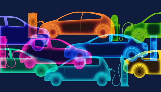 Electric Cars or automobiles Colorful silhouttes of different Electric Car or automobile types lithium ion battery stock illustrations