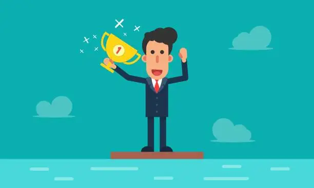 Vector illustration of Cartoon Winner businessman hold golden trophy on top of sea