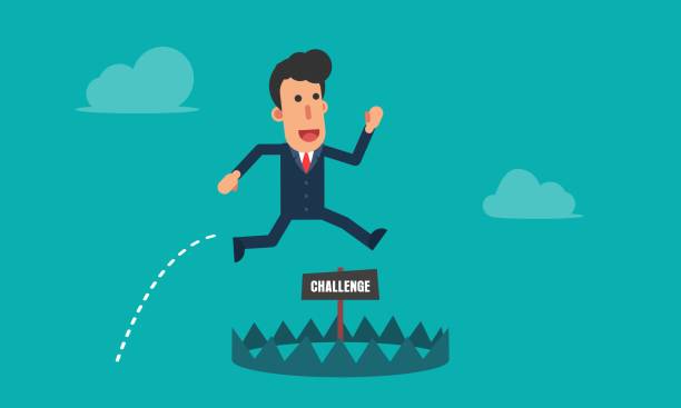 istock Businessman running and jump to avoid pitfalls of challenge, business risk simple cartoon character 1137087012