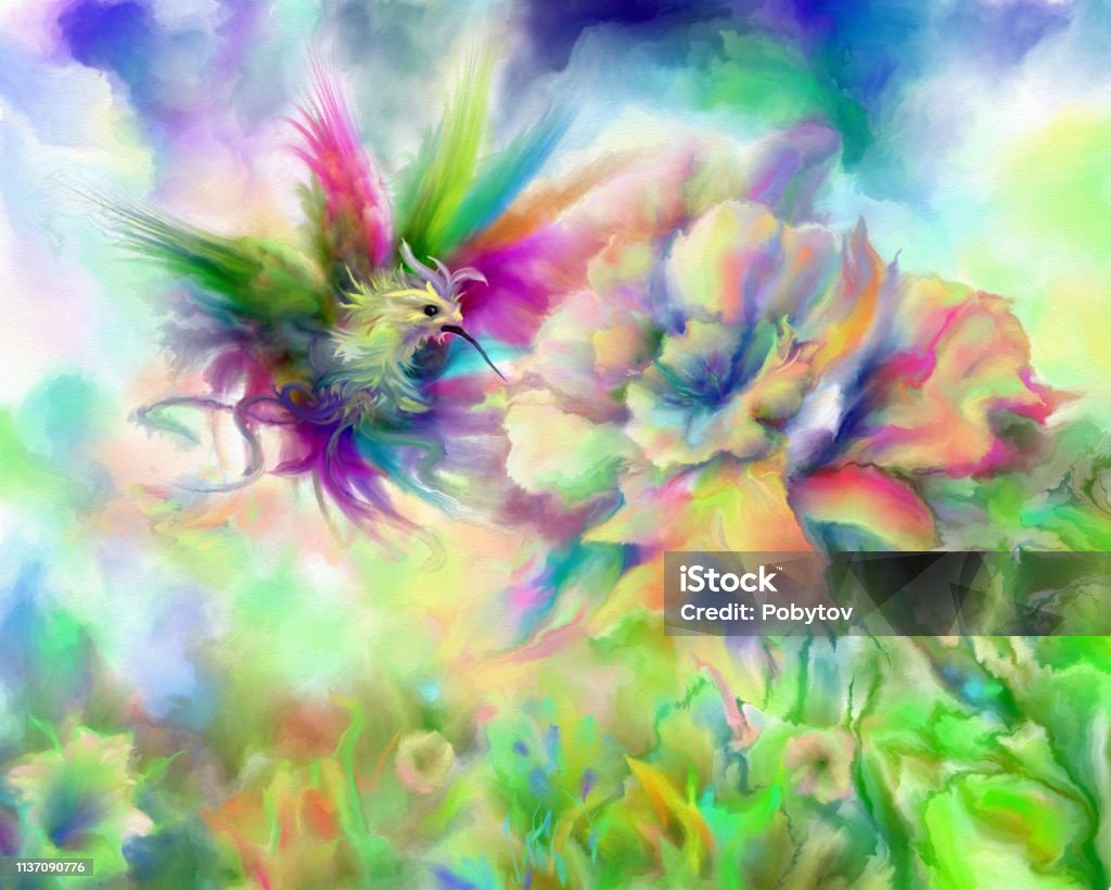 magic fairy flower and bird of paradise floral painted background, digital painting Hummingbird stock illustration