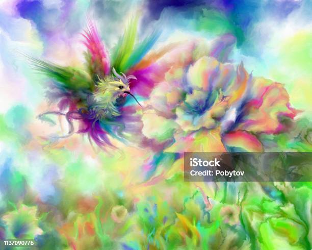 Magic Fairy Flower And Bird Of Paradise Stock Illustration - Download Image Now - Hummingbird, Psychedelic, Nature