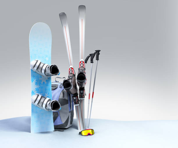 concetto di turismo invernale snowboard e sci nella neve rendering 3d su sfumatura grigia - sulden foto e immagini stock