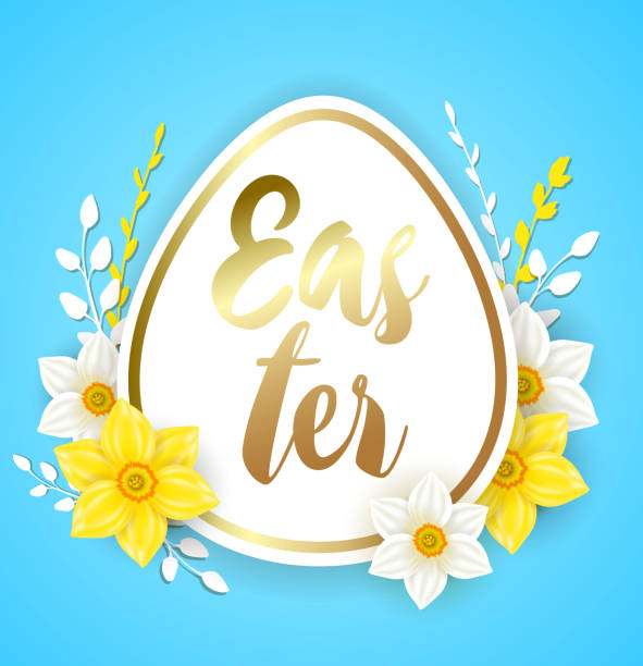 ilustraciones, imágenes clip art, dibujos animados e iconos de stock de huevo de pascua con narciso blanco y amarillo - daffodil easter egg hunt easter easter egg