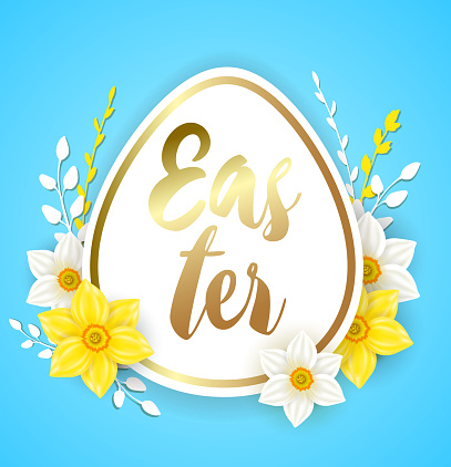 Decorative Easter egg with white and yellow narcissus flowers on a blue background. Vector illustration. Holiday greeting card.