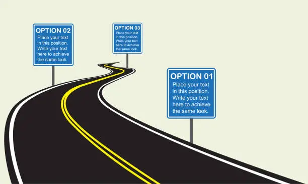 Vector illustration of Asphalt winding road with road signs. Infographics template with winding road. Vector illustration.