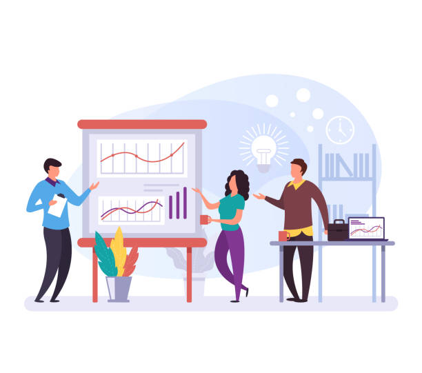Business people characters talking and discussion plan and strategy. Company development concept. Vector flat design graphic cartoon isolated illustration Business people characters talking and discussion plan and strategy. Company development concept. Vector flat design graphic cartoon isolated corporate office cubicle stock illustrations