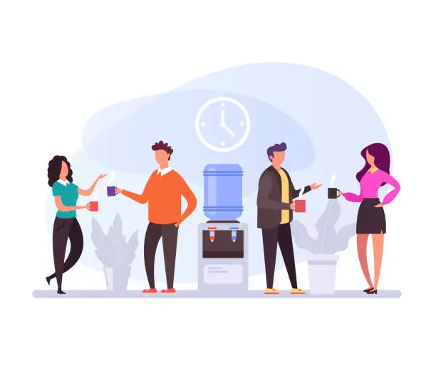 Vector illustration of Business people characters having coffee break time lunch. Office life concept. Vector flat design graphic cartoon isolated illustration