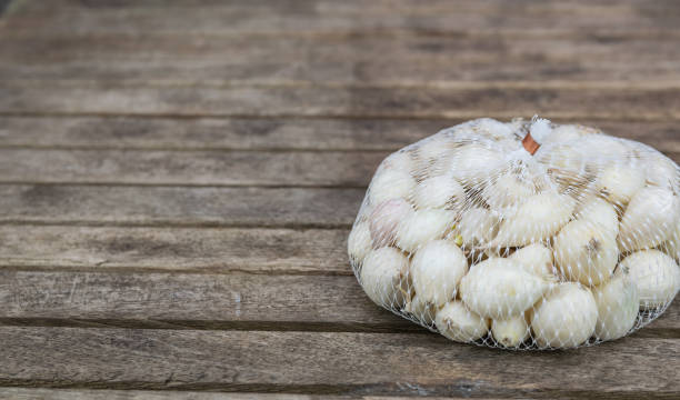 farming,cultivation, agriculture and vegetables concept. - onion bag netting vegetable imagens e fotografias de stock