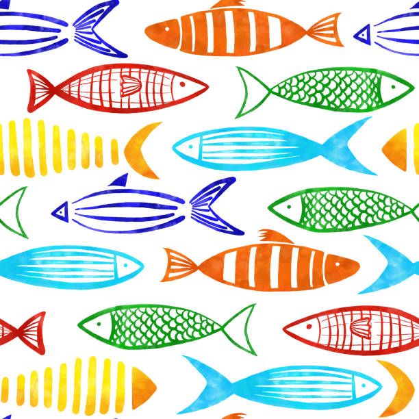 Red, Orange, Yellow, Turquoise, Blue and Green Watercolor Fishes Seamless Pattern with White Background.