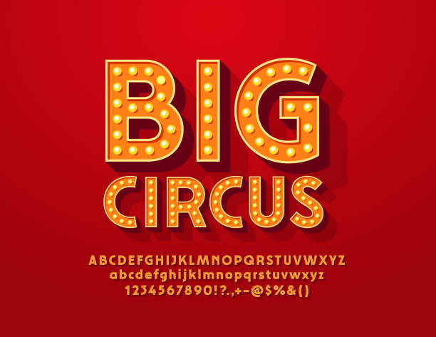 Vector bright banner Big Show with Vintage Alphabet Lamp Illuminated Letters, Numbers and Symbols entertainment tent stock illustrations