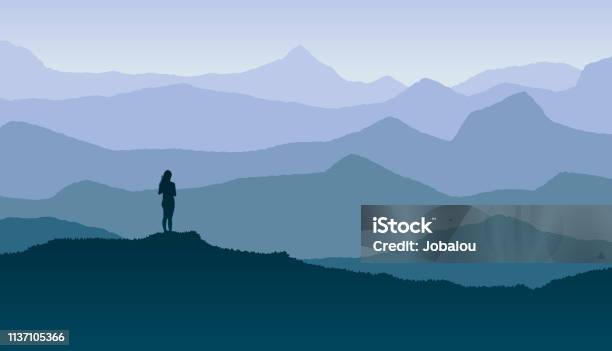 Blue Horizon With Girl Sighting The Nature And Freedom Stock Illustration - Download Image Now