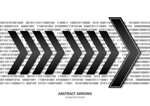 Vector illustration of Creative geometric black arrows. Abstract white background, numeric computer code. Vector illustration for your design.