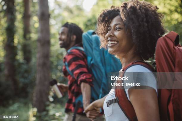 Hor Drink On Forest Walk Stock Photo - Download Image Now - Hiking, Couple - Relationship, African-American Ethnicity